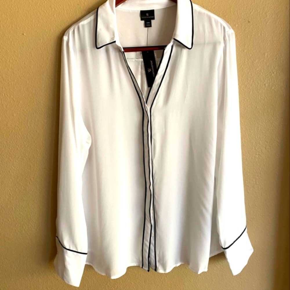 Express White Button-Down Blouse with Black Piping